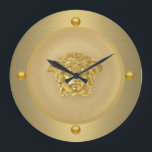 Gold Medusa Medallion Large Clock<br><div class="desc">10.75” round acrylic wall clock with an image of a gold Medusa medallion. Gold orbs mark the 12, 3, 6, and 9 positions. In Greek mythology, Medusa was beheaded by the Greek hero Perseus, who thereafter used her head as a weapon until he gave it to the goddess Athena to...</div>