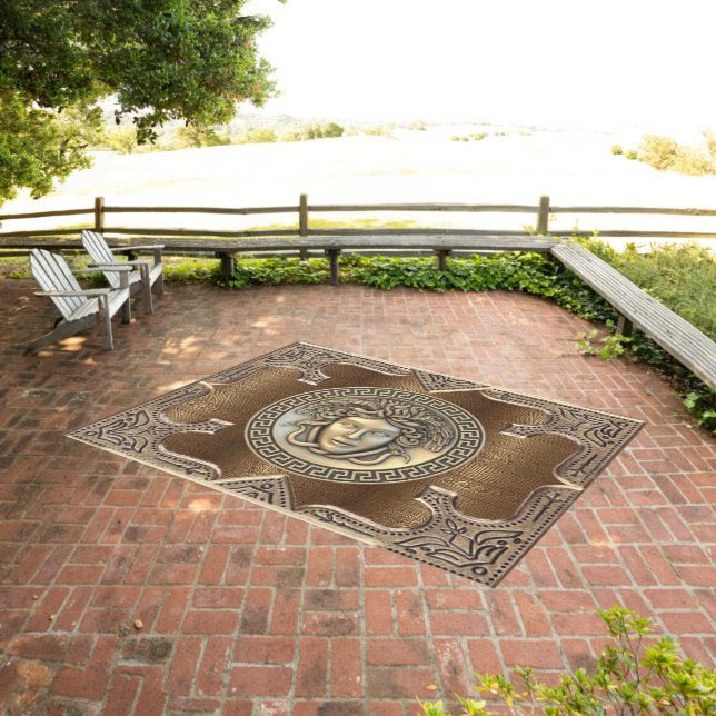 Gold Medusa Metallic-Look Greek Key Designer Outdoor Rug (Insitu (Outdoor 3))