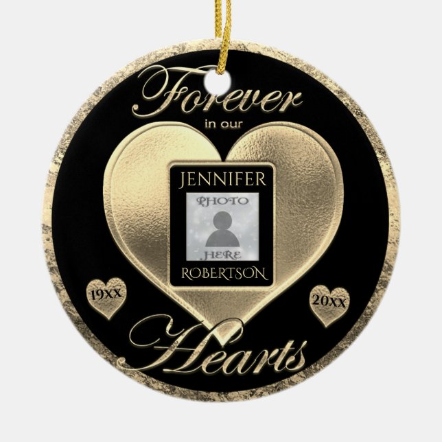 Gold Memorial Add Photo Ceramic Ornament (Front)