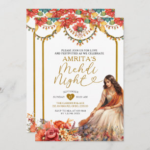 Gold Menhdi Night Indian Dholki Paskitan Floral Invitation