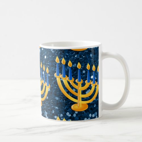 Gold Menorah Blue Faux Glitter Coffee Mug