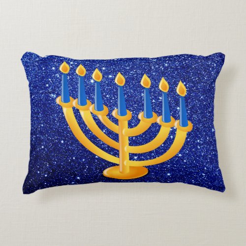 Gold Menorah Blue Faux Glitter Decorative Pillow