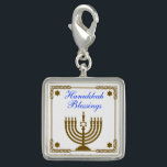 Gold Menorah Charm<br><div class="desc">Square sterling silver-plated charm with an image of a gold menorah in a gold frame with gold Stars of David,  and a customizable holiday sentiment. See matching square button,  square double-sided acrylic keychain and wrist watch. See the entire Hanukkah Charm collection under the ACCESSORIES category in the HOLIDAYS section.</div>
