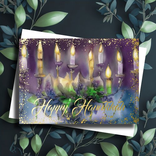 Gold Menorah Happy Hanukkah Purple Blue Foil Holiday Card