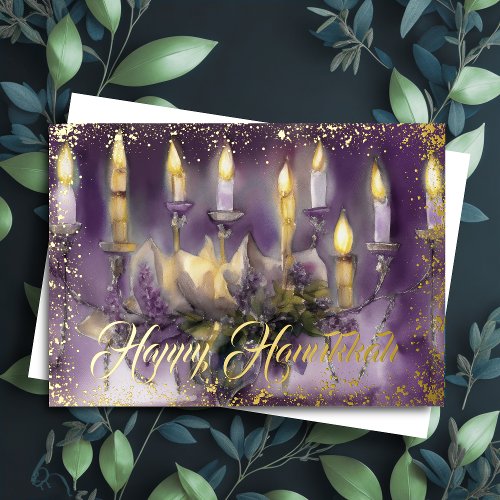 Gold Menorah Happy Hanukkah Purple Foil Holiday Card