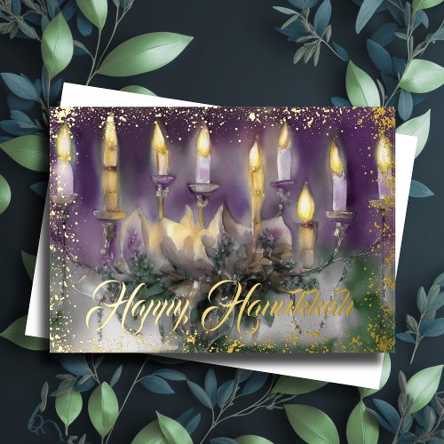 Gold Menorah Happy Hanukkah Purple Green Foil Holiday Card