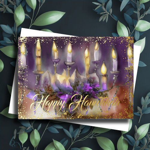 Gold Menorah Happy Hanukkah Purple Peach Foil Holiday Card