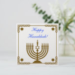 Gold Menorah Invitation<br><div class="desc">Square pearl shimmer invitation with an image of a gold menorah in a gold gilded frame with a Star of David in each corner on white and a blue customizable sentiment. The back has an image of a gold gilded frame and customizable text. See matching greeting card, square sticker and...</div>