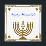 Gold Menorah Magnet<br><div class="desc">Square magnet with an image of a gold menorah in a golden frame with gold Stars of David and a blue customizable holiday sentiment. See the entire Hanukkah Magnet collection under the HOME category in the HOLIDAYS section.</div>