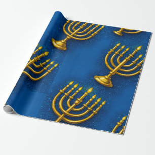 Gold Menorah on Sparkly Blue Background Hanukkah Wrapping Paper