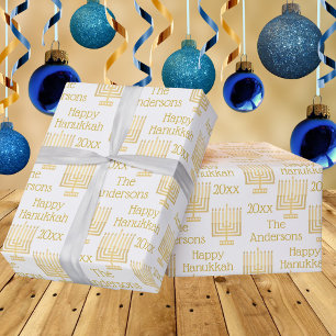 Gold Menorah On White Chic Hanukkah Personalized Wrapping Paper