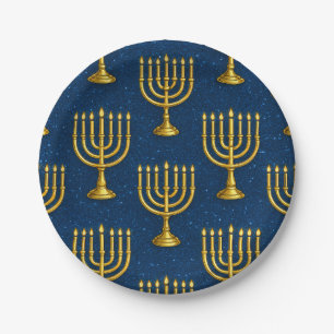 Gold Menorah Pattern Hanukkah Paper Plates