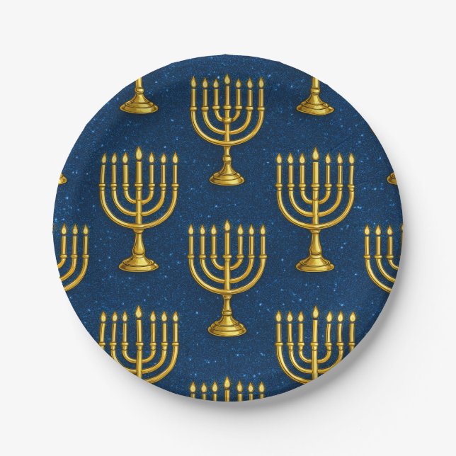 Gold Menorah Pattern Hanukkah Paper Plates (Front)