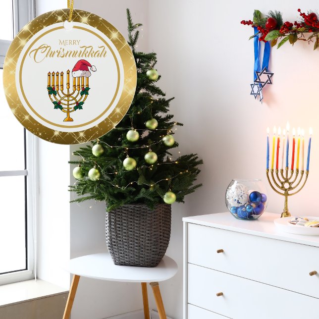 Gold Menorah Santa Hanukkah Merry Chrismukkah Ceramic Ornament (Creator Uploaded)