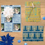 Gold Menorah Typography Photo Blue Hanukkah Wrapping Paper Sheets<br><div class="desc">Shop Hanukkah wrapping paper sheets in a fun assortment of gold Menorah stripes, blue on yellow gold typography and a personalized add your photo design. Upload your photo and personalize two separate text templates on the light pastel blue design. Create some Chanukah cheer by adding your child's name to the...</div>
