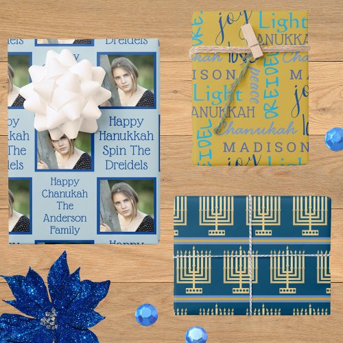 Gold Menorah Typography Photo Blue Hanukkah Wrapping Paper Sheets