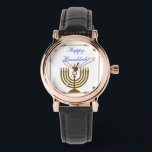 Gold Menorah Watch<br><div class="desc">Women’s perfect square black leather strap watch with an image of a gold menorah in a gold frame with gold Stars of David, and optional holiday sentiment. See matching square button, square charm and square double-sided acrylic keychain. See the entire Hanukkah Watch collection under the ACCESSORIES category in the HOLIDAYS...</div>
