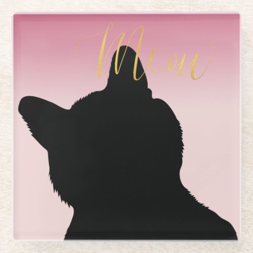 Gold Meow Kitty blush pink ombre Glass Coaster