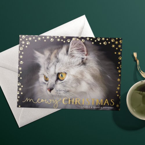 Gold Meowy Christmas Cat Lover Photo Foil Holiday Card