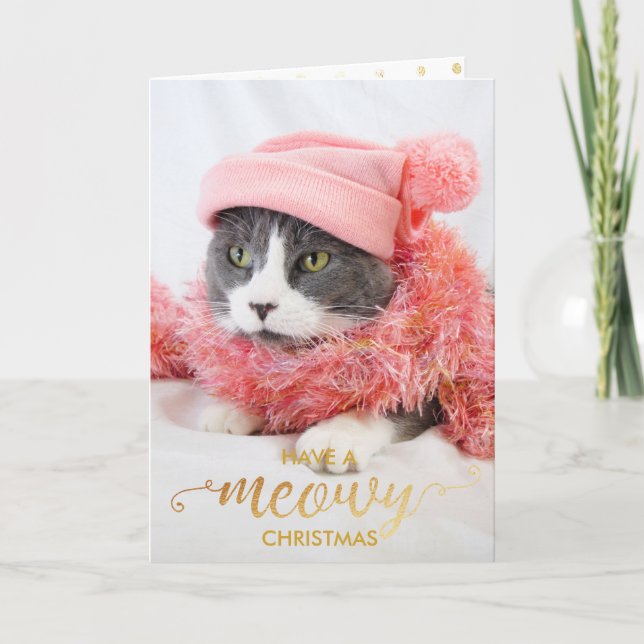 Gold MEOWY Personal Cat Photo Pet Holiday Card (Front)