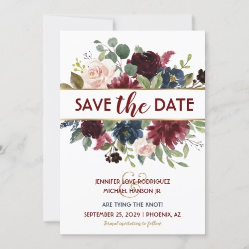 Gold Merlot Navy Floral Engagement Save the Date Invitation