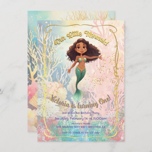 Gold Mermaid BIrthday Party under the sea Invitation