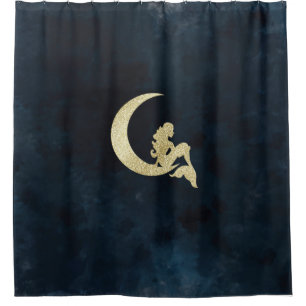 Gold Mermaid Moon on Night Sky Shower Curtain
