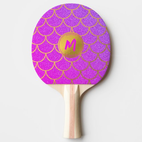 Gold Mermaid Pink Glitter Monogram Table Tennis Ping Pong Paddle