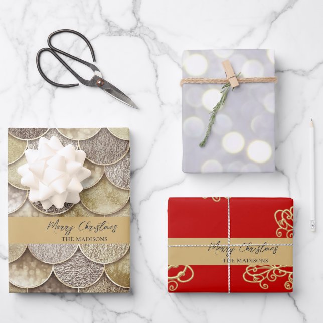 Gold Mermaid Scales and Snowflakes  Wrapping Paper Sheets (Front)