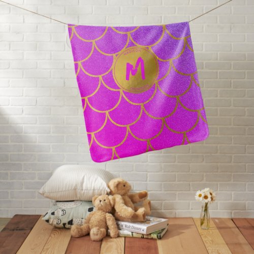 Gold Mermaid Scales Pink Glitter Pattern Monogram Baby Blanket