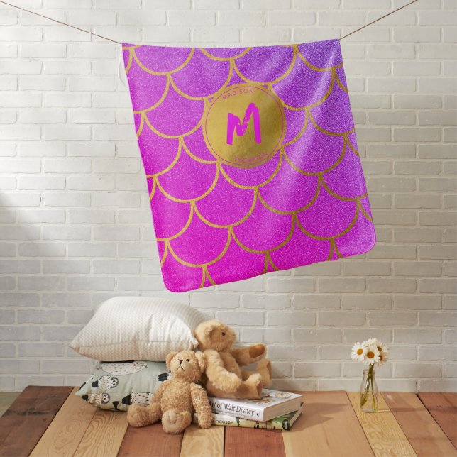 Gold Mermaid Scales Pink Glitter Pattern Monogram Baby Blanket (In Situ)