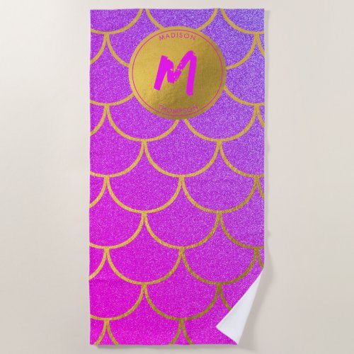 Gold Mermaid Scales Pink Glitter Pattern Monogram Beach Towel