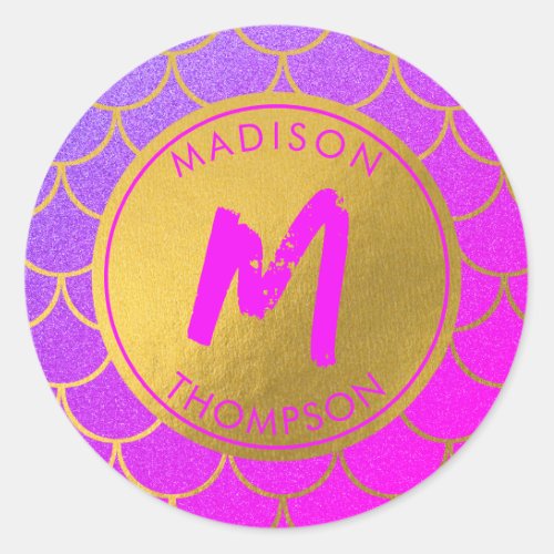 Gold Mermaid Scales Pink Glitter Pattern Monogram Classic Round Sticker