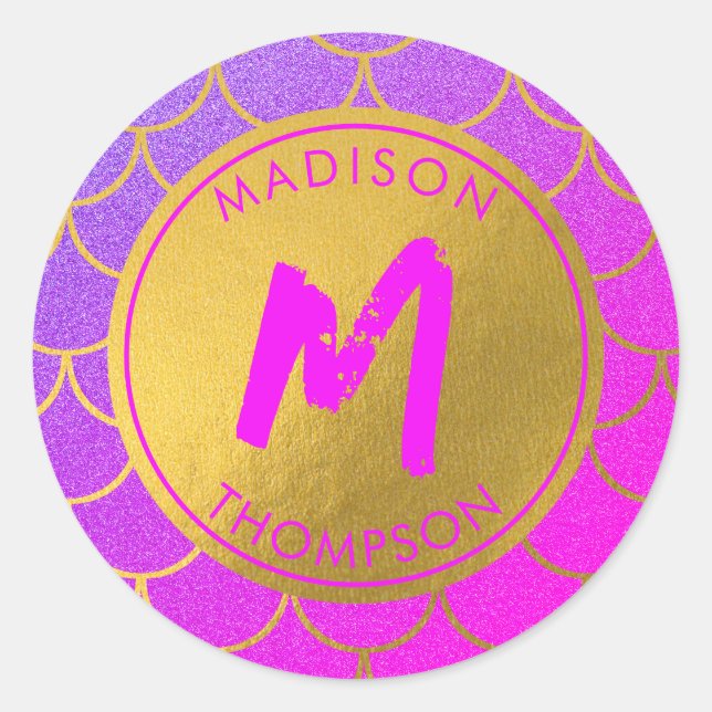 Gold Mermaid Scales Pink Glitter Pattern Monogram Classic Round Sticker (Front)