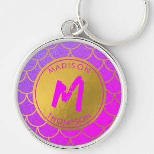Gold Mermaid Scales Pink Glitter Pattern Monogram Keychain
