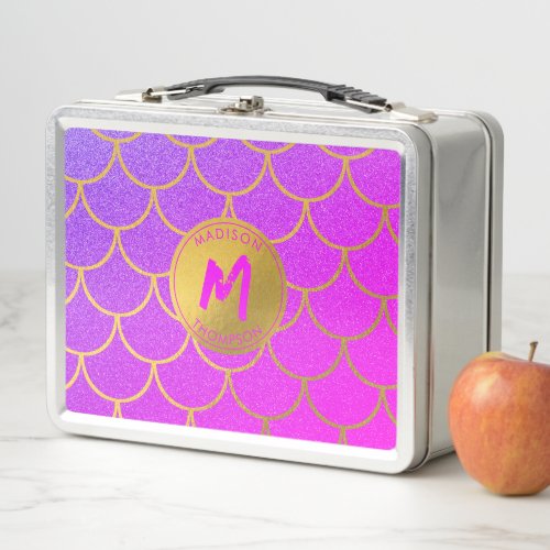 Gold Mermaid Scales Pink Glitter Pattern Monogram Metal Lunch Box