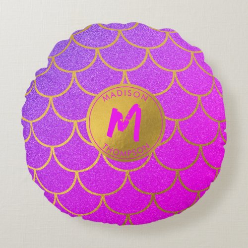 Gold Mermaid Scales Pink Glitter Pattern Monogram  Round Pillow