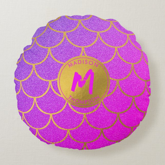 Gold Mermaid Scales Pink Glitter Pattern Monogram  Round Pillow (Front)