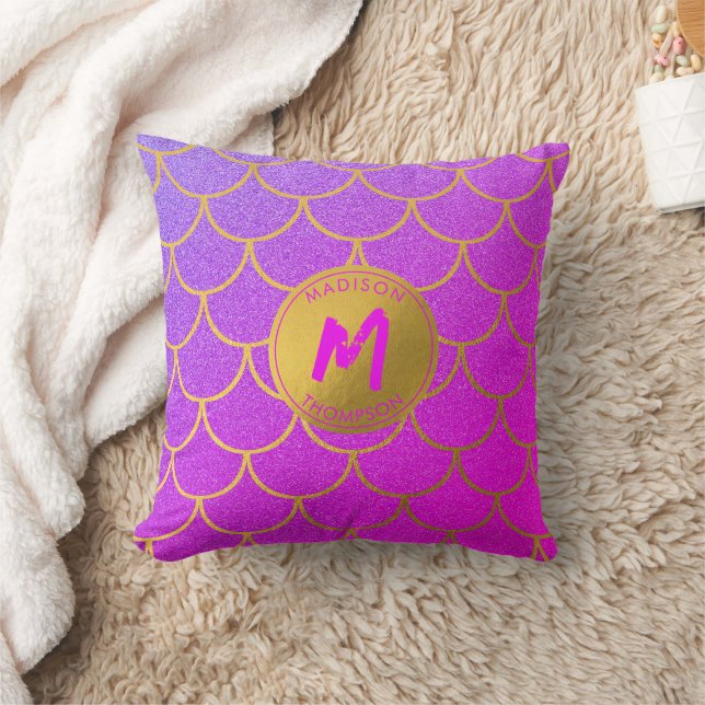 Gold Mermaid Scales Pink Glitter Pattern Monogram Throw Pillow (Blanket)