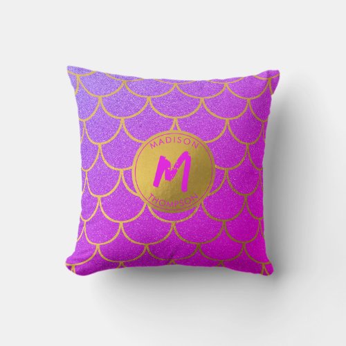 Gold Mermaid Scales Pink Glitter Pattern Monogram Throw Pillow