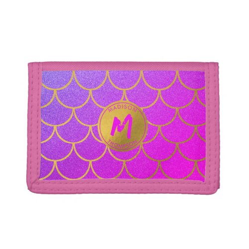 Gold Mermaid Scales Pink Glitter Pattern Monogram Trifold Wallet