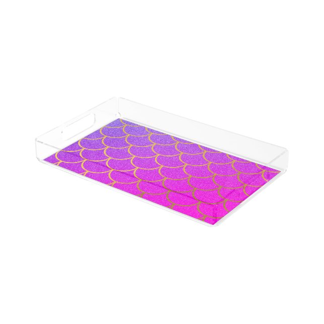 Gold Mermaid Scales Pink Purple Glitter Acrylic Tray (Angled)