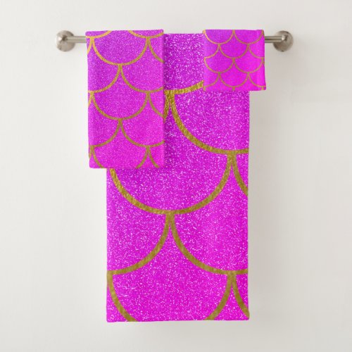 Gold Mermaid Scales Pink Purple Glitter Bath Towel Set