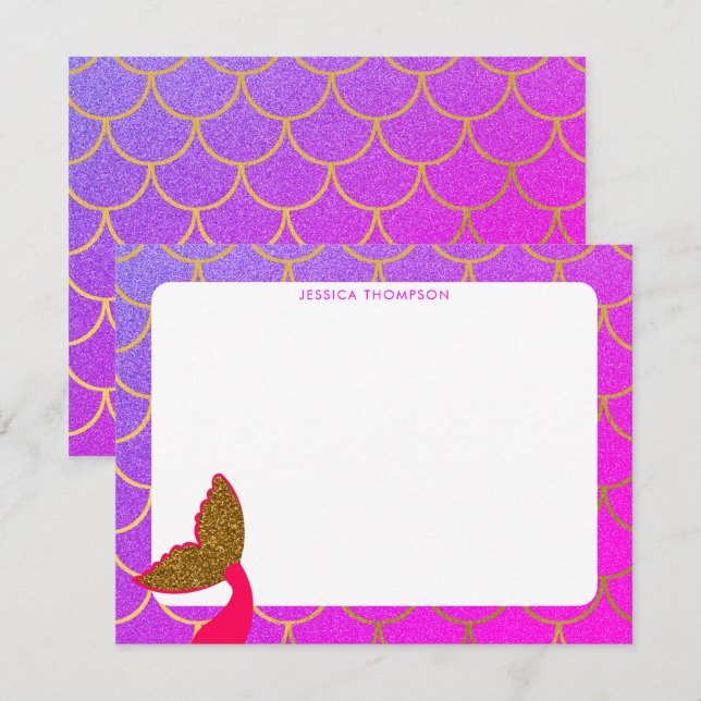 Gold Mermaid Scales Pink Purple Glitter Kids Note Card (Front/Back)