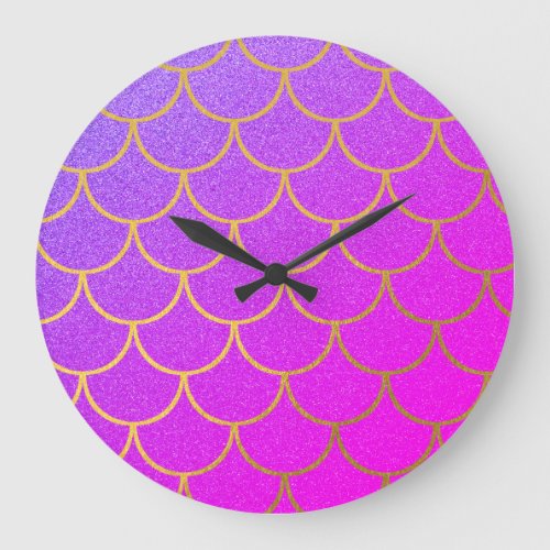 Gold Mermaid Scales Pink Purple Glitter Large Clock
