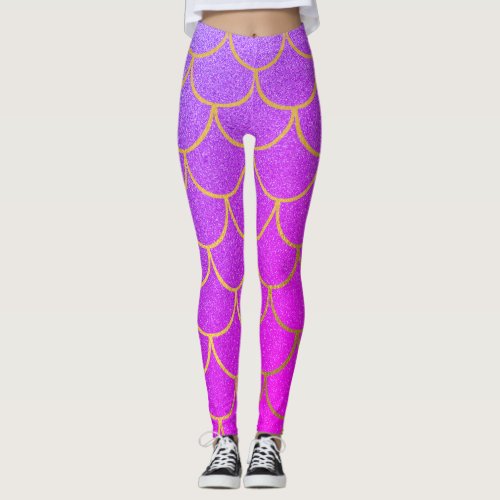 Gold Mermaid Scales Pink Purple Glitter Leggings