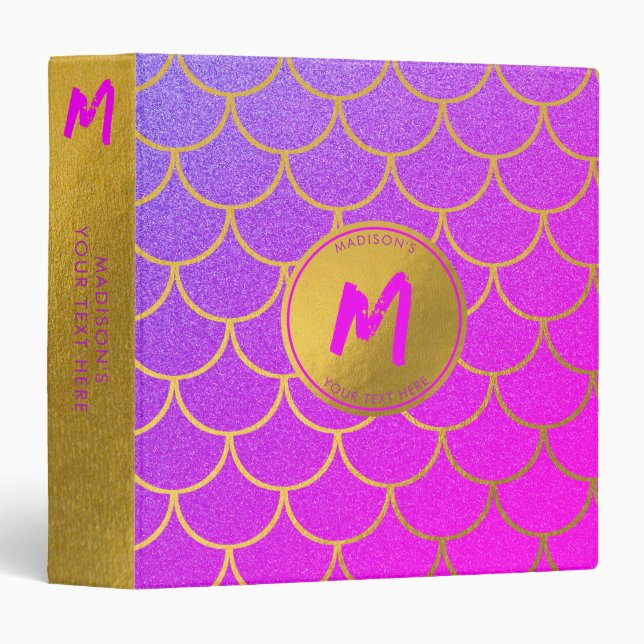 Gold Mermaid Scales Pink Purple Glitter Monogram  3 Ring Binder (Front/Spine)