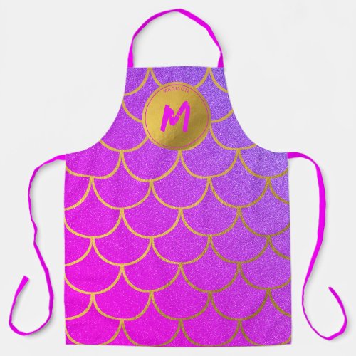 Gold Mermaid Scales Pink Purple Glitter Monogram Apron