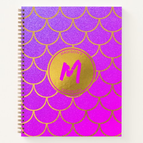 Gold Mermaid Scales Pink Purple Glitter Monogram Notebook