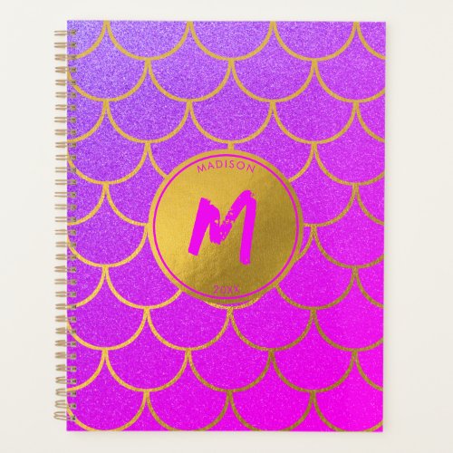 Gold Mermaid Scales Pink Purple Glitter Monogram  Planner
